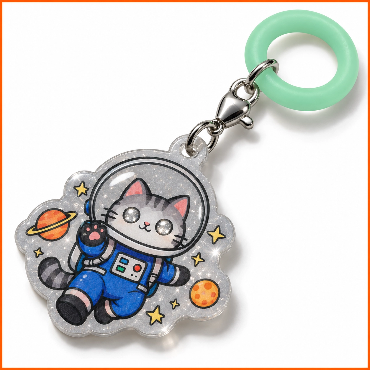 リフレクター素材の反射アンブレラマーカー（宇宙飛行士の猫柄・ミントグリーンのシリコンリング付き）