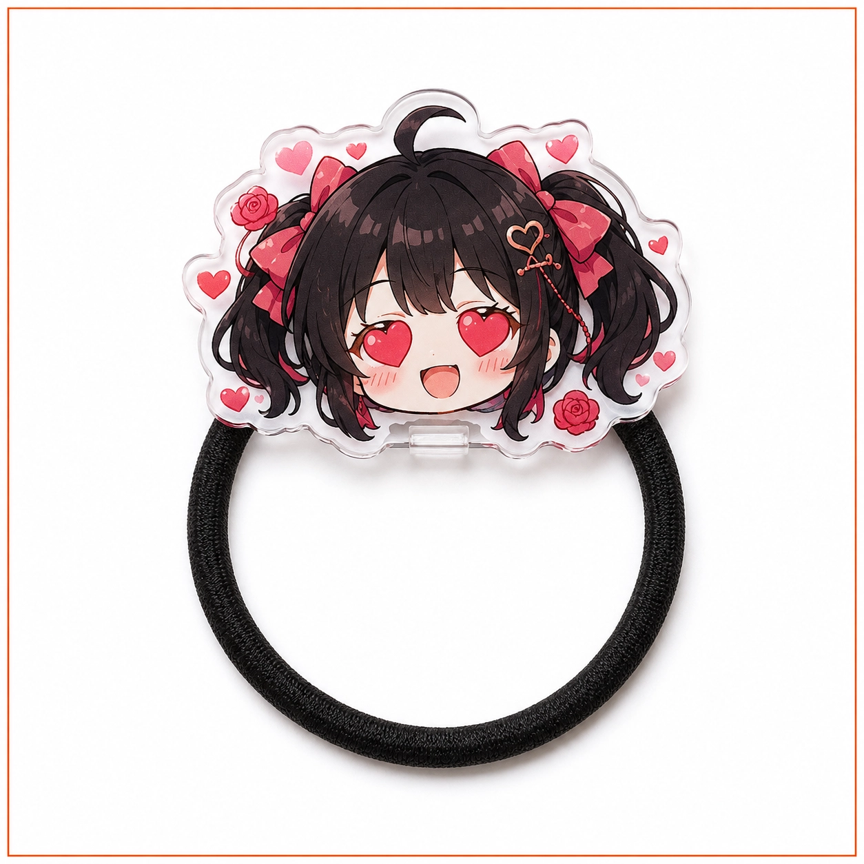 アクリルヘアゴム作成例。キャラクターのダイカットアクリルパーツが付いたオリジナルの太めヘアアクセサリー