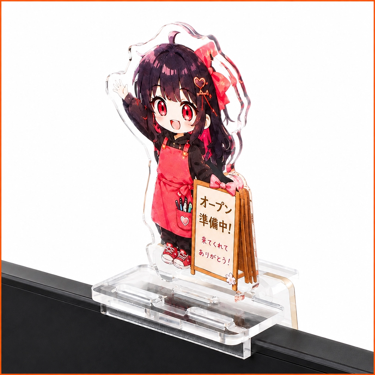 モニターアクリルスタンド作成例。パソコンのモニター上部に設置できるオリジナルアクスタ