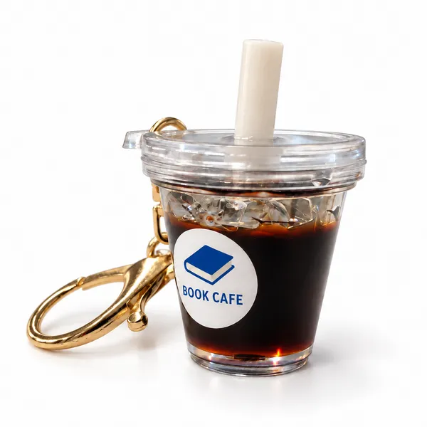 青いブックカフェのデザインのミニチュアドリンクキーホルダー