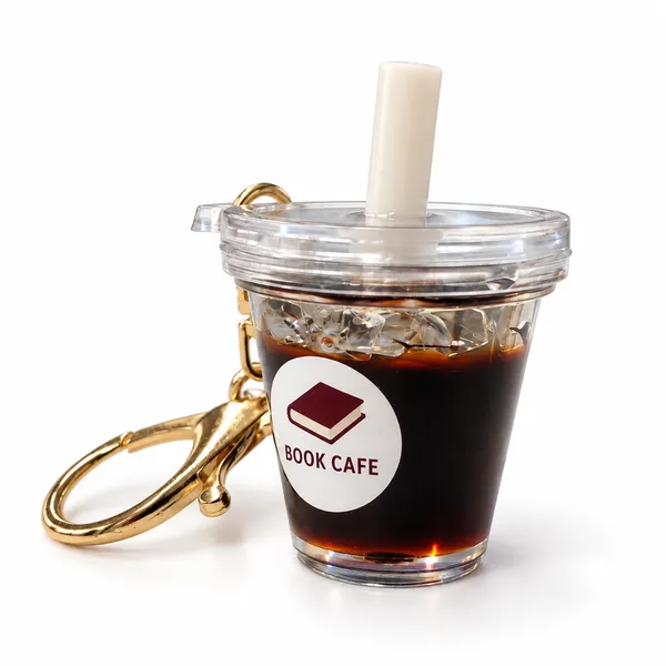 平面上に置かれたアイスコーヒーのミニチュアドリンクキーホルダー